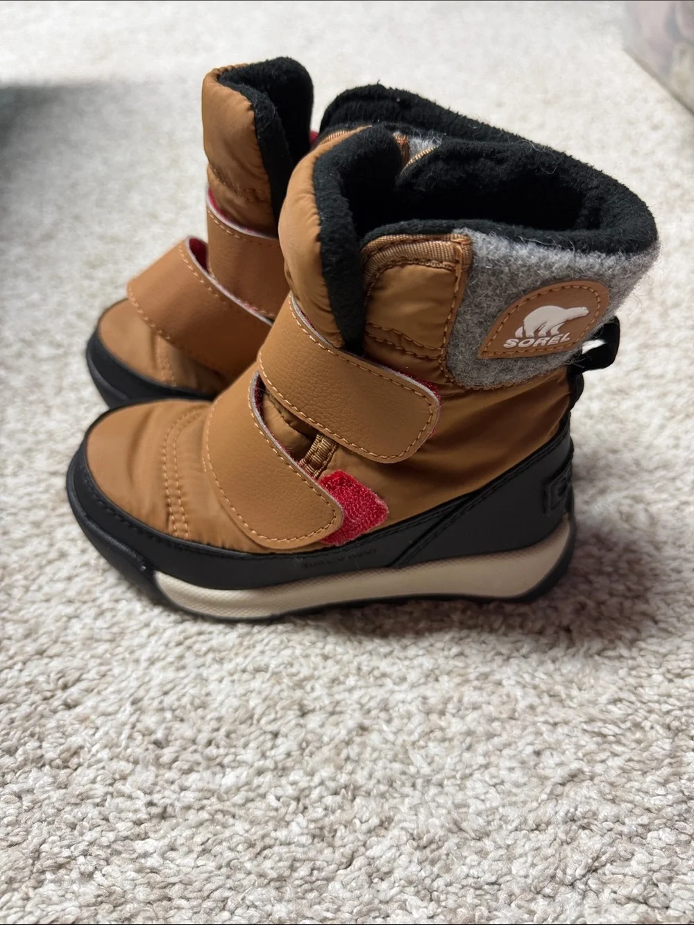 Sorel Kids Brown and Black Insulated Snow Boots with Red Accent